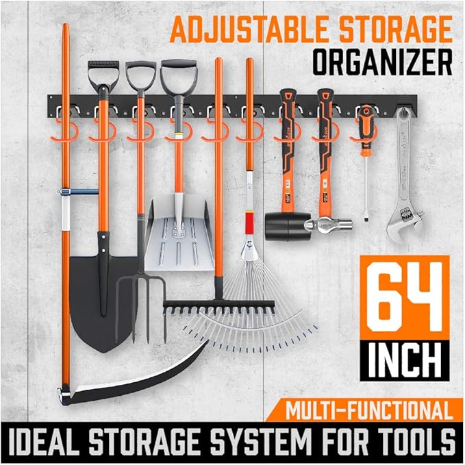 HORUSDY 64 Inch Adjustable Storage System, Wall Mount Tool Organizer, Tool Hangers for Mop and Broom Holder Shovel, Rake, Broom, Mop Holder, Etc