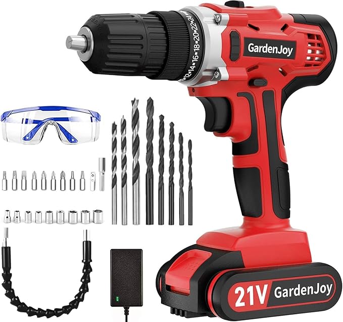 Cordless Power Drill Set: 21V Electric Drill Driver Kit with Battery and Fast Charger, 2 Variable Speed Control, 3/8-Inch Keyless Chuck and 24+1 Torque Setting with led light for metal surfaces,wood