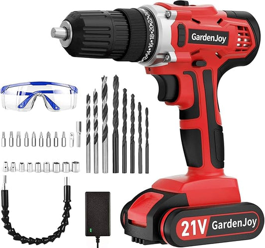 Cordless Power Drill Set: 21V Electric Drill Driver Kit with Battery and Fast Charger, 2 Variable Speed Control, 3/8-Inch Keyless Chuck and 24+1 Torque Setting with led light for metal surfaces,wood