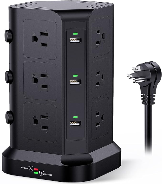 Power Strip Tower by KOOSLA, [15A 1500J] Surge Protector - 12 AC Multiple Outlets & 6 USB Ports, Flat Plug 14 AWG Heavy-Duty Extension Cord 6.5ft, Home Office Supplies, Dorm Room Essentials Black