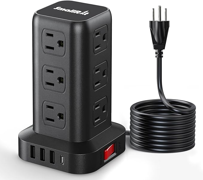 PD20W Surge Protector Power Strip Tower, 10FT Extension Cord with Multiple Outlets, 12 AC 4 USB (1 USB C)，Mini Power Strip with USB Ports, Surge Protector Tower Overload Protection for Office, Desk