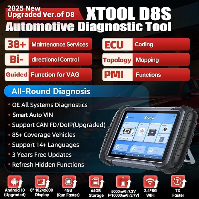 XTOOL D8S OBD2 Scanner: 2025 Upgrade of D8 Scanner, Bidirectional Scan Tool with 3-Year Update, Topology Mapping, ECU Coding, 38+ Resets, All Systems Car Scanner, Crank Sensor Relearn, CANFD/DoIP
