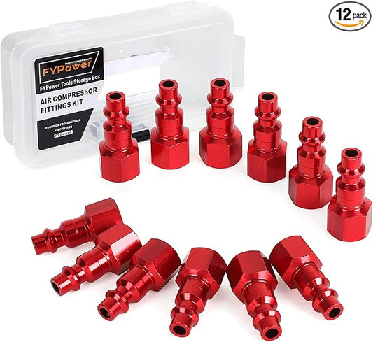 Air Hose Fittings, 12 Pieces I/M Industrial Type Air Plugs with 1/4" NPT Female Threads, Red