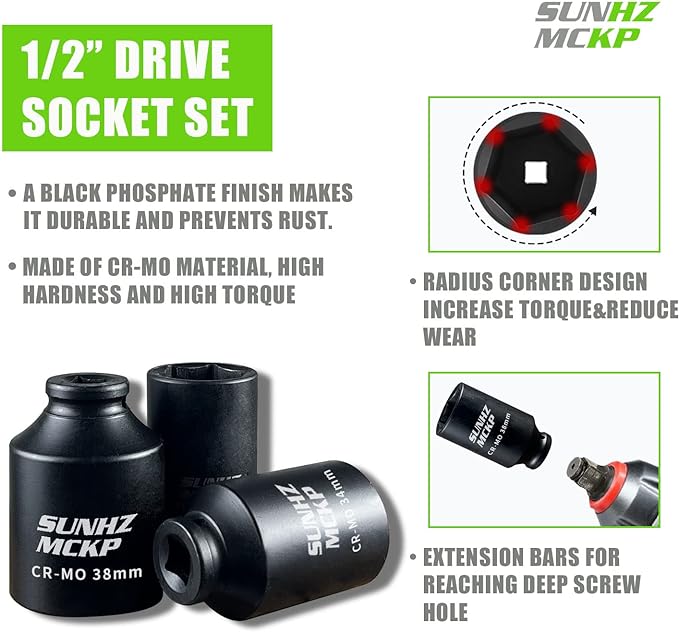 SUNKPMCKP 1/2" Drive Deep 6-Point Impact Socket Set, 9-Piece METRIC Spindle Axle Nut Impact Socket Set, Cr-Mo, 29mm - 38mm