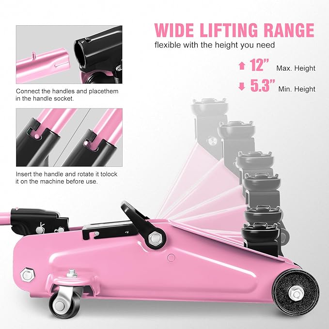 DNA MOTORING Low Profile Hydraulic Trolley Service/Floor Jack, 1.5 Ton (3000 lbs) Capacity, Lifting Range 5.3"-12", Pink, TOOLS-00327-PK