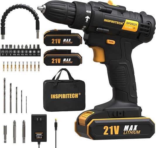 21V Cordless Drill with 2 Batteries and Charger,3/8-Inch Keyless Chuck Power Drill Set,2 Variable Speed Electric Drill Driver, 19 Torque Setting with Drill/Driver Bits