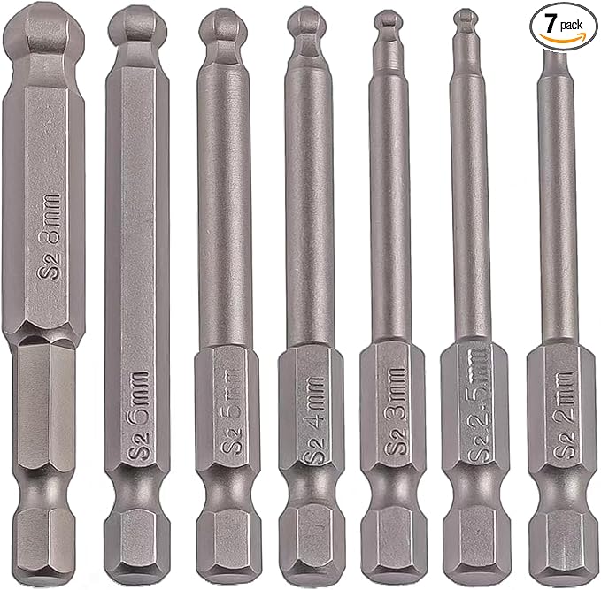Ball End Hex Head Metric Allen Wrench Drill Screwdriver Bit Set 7PCS 1/4 Inch Hex Shank 2.56 Inch/65 mm Length S2 Steel with Magnetic for Power Screwdriver Drill Impact Driver