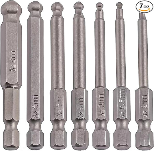 Ball End Hex Head Metric Allen Wrench Drill Screwdriver Bit Set 7PCS 1/4 Inch Hex Shank 2.56 Inch/65 mm Length S2 Steel with Magnetic for Power Screwdriver Drill Impact Driver