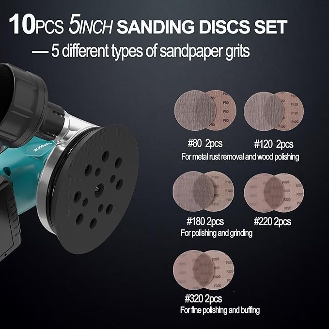 Orbital Sander 5-inch Palm Sander 20V Brushless Cordless Electric sander 7 Variable Speeds Hand Sanders for Wooding and Sanding With 10 Sanding Papers，Dust Collection Bag，Battery and Charger