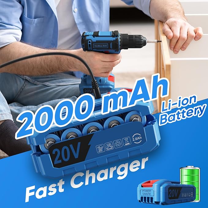 Cordless Drill Set, 20V Power Drill with Battery 2.0Ah and Charger, 3/8-Inch Keyless Chuck Electric Drill, 25+1 Torque, 42pcs Drill Driver Bits/Screws for DIY Projects (Blue)