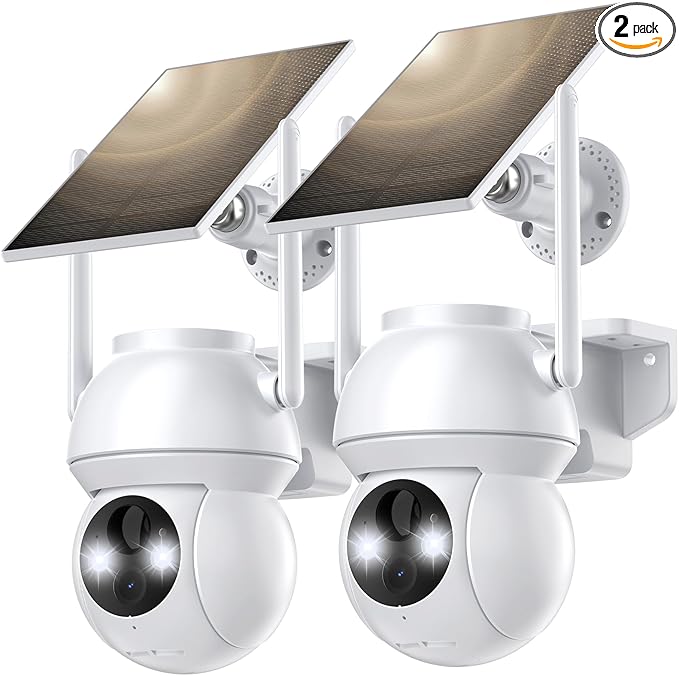 Solar Security Cameras Wireless Outdoor, WiFi Camera Outdoor 2K 360° View Battery Powered, Cameras for Home Security with Spotlight Color Night Vision Motion Sensor 2-Way Talk, White, 2 Pack