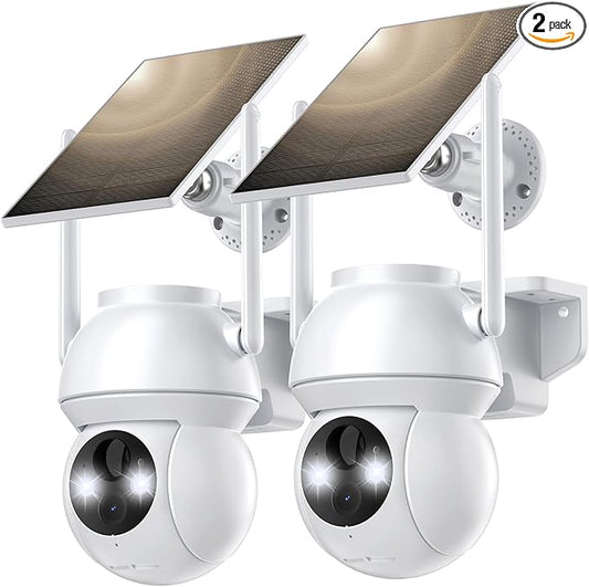 Solar Security Cameras Wireless Outdoor, WiFi Camera Outdoor 2K 360° View Battery Powered, Cameras for Home Security with Spotlight Color Night Vision Motion Sensor 2-Way Talk, White, 2 Pack
