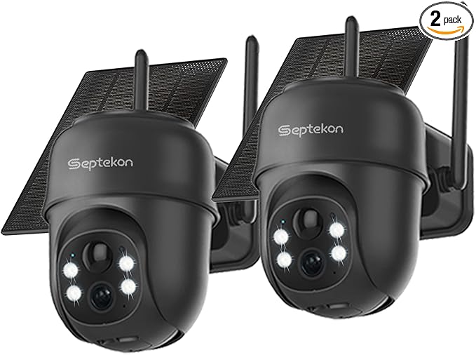 Septekon 2K Solar Security Cameras Wireless Outdoor 2 Pack, 360°PTZ Battery Powered Outdoor Camera, 2.4G WiFi Camera with Spotlight Color Night Vision, Motion Sensor Alarm, IP66, Black