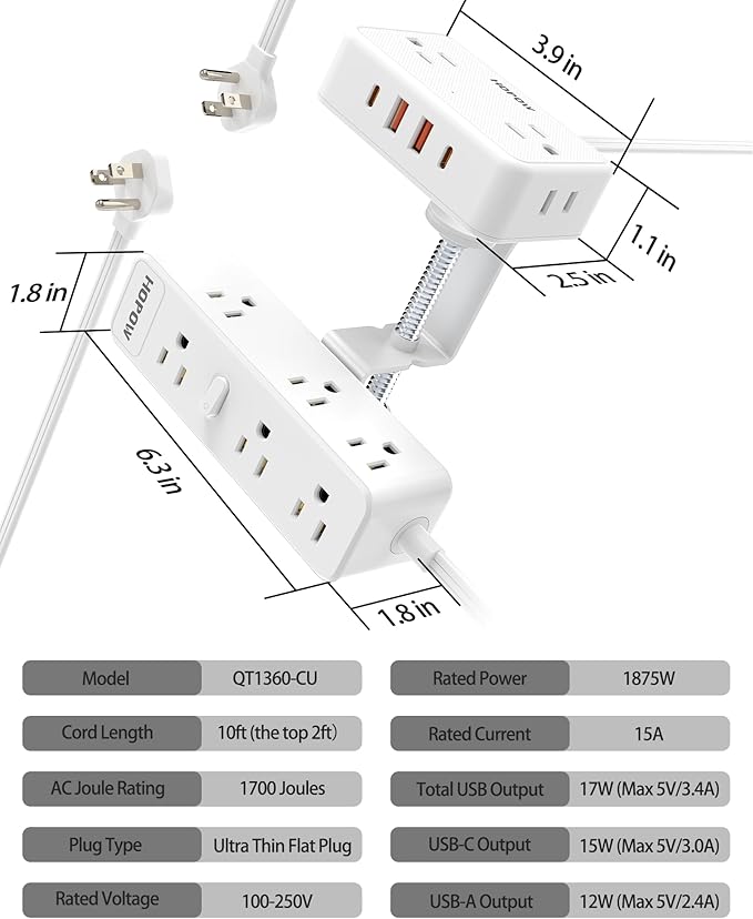 Dual Layer Desk Clamp Power Strip, White Desktop Edge Mount Charging Station with 13 Outlets 4 USB Ports (2 USB C), Under Desk Surge Protector(1700 Joules), 10 Ft Extension Cord for Office