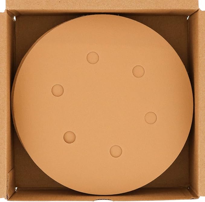 Dura-Gold Premium 320 Grit 6" Gold Sandpaper Discs, 6 Hole Pattern Dustless, Box of 50 - Hook & Loop Backing for DA Sander, Finishing Fine Cut Sanding Abrasive Automotive Paint, Woodworking Wood Metal