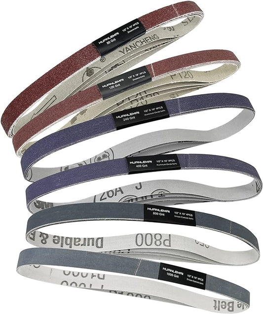 24 Pcs 1/2 Inch x 18 Inch Sanding Belts Set, 4 Each of 80 120 240 400 800 1000 Grits, Replacement Belts for Air/Electirc Belt Sander, Best for Woodworking, Plastics, Fiberglass and Metal Polishing