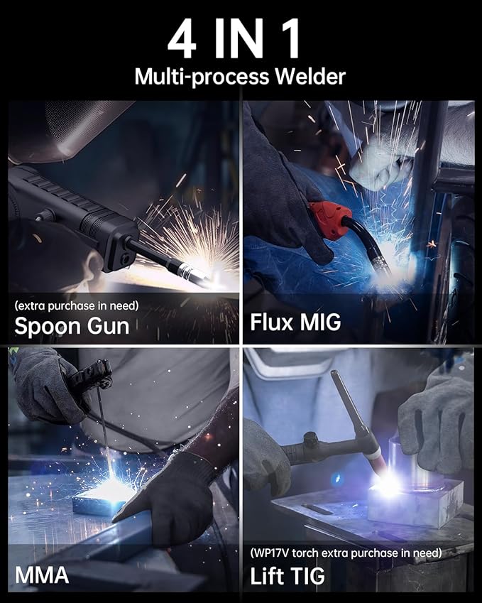 HITBOX 145A MIG Welder Gasless, 110V/220V Dual Voltage Flux Core Welder Flux MIG/Lift TIG/Stick 3 In 1 Synergy MIG Welding Machine With Torch Clamp and 0.8mm Flux Wire (HBM1200)