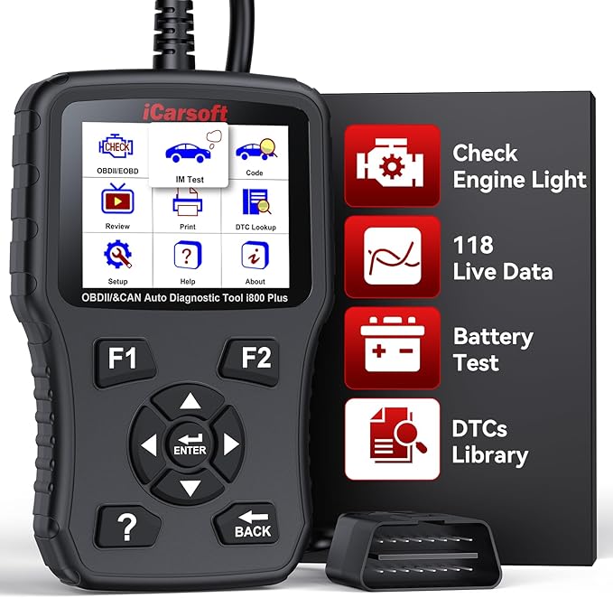 iCarsoft i800 Plus OBD2 Scanner Diagnostic Tool with Component Test/118 Live Data/Reset CEL/Battery Test/Freeze Frame/VIN, Code Reader for All Cars Full OBD2 Functions, Fuel System Scan Tool para Auto