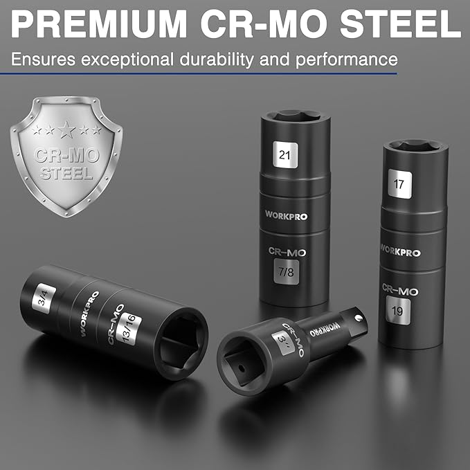 WORKPRO 4PCS Impact Socket Set 1/2" Drive, Lug Nut Socket Set, Wheel Socket Set Cr-Mo Steel, Includes 1PC 3" Extension Bar & 3PSC Flip Sockets of 6 Metric and SAE Sizes