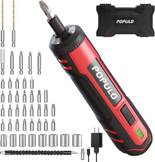 POPULO 4V Electric Screwdriver Kit,6 Torque Settings, Power Screw Driver Cordless Rechargeable with LED Work Light, 32 pieces Screwdriver Bits, 8 Sockets, Flex Hex Shaft, Bit Holders and Storage Box