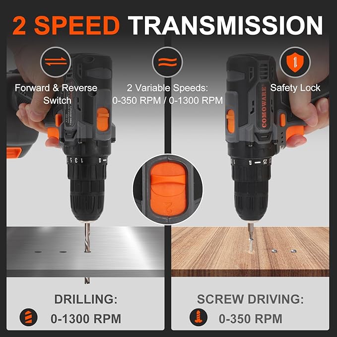 COMOWARE Cordless Drill Set, 20V Electric Power Drill Set,1 Battery & Charger, 3/8" Keyless Chuck, 2 Variable Speed, 266 In-lb Torque, 25+1 Position, Orange