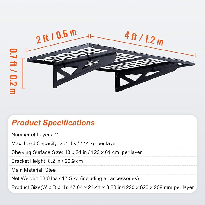 VEVOR Garage Shelving Wall Mounted, 2 x 4 ft Heavy Duty Garage Wall Shelves, 502 lbs Load Capacity Garage Storage Rack Floating Shelves, 2 Pack, Suitable for Shop, Shed, Garage Storage