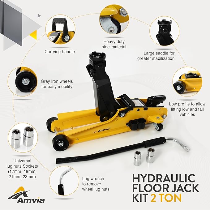 Floor Jack Kit 2 Ton with Case (4,400 lbs) | Car Jack Kit - Hydraulic Low Profile Jack | Trolley Jack - Tire Jack Tool Kit | Portable, Ideal for SUV and Auto - Universal Car Jack Kit with Lug Wrench