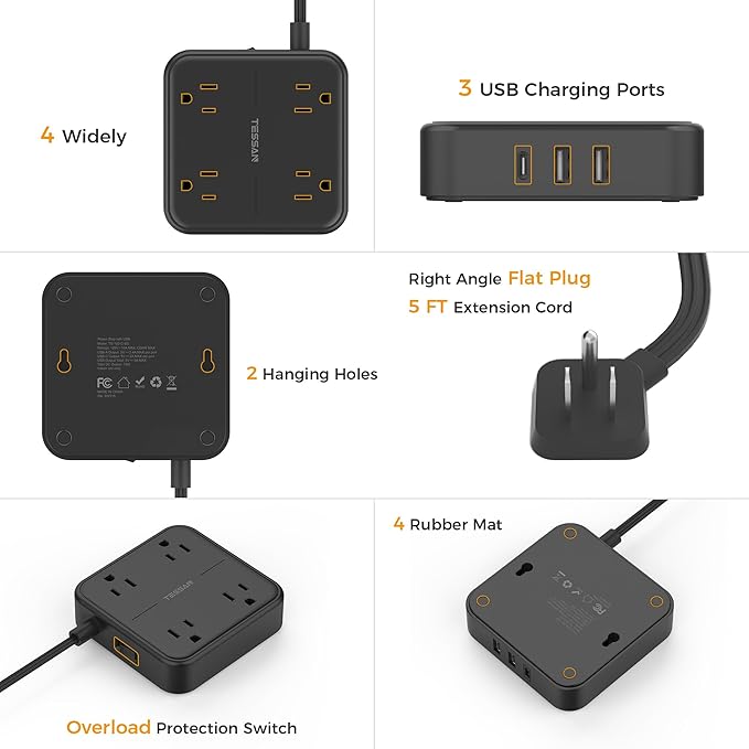 Black Flat Extension Cord 10 FT, TESSAN Power Strip 10 Feet with 4 Widely Outlets 3 USB Wall Charger (1 USB C), Ultra Thin Long Extension Cord Mountable for Indoor, Office, Dorm Essentials