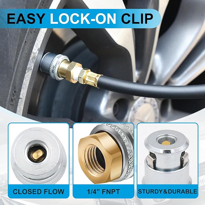 Air Chuck,1/4 FNPT Closed Flow Brass Tire Air Chuck, Locking Air Chuck Quick Connect for Inflator Gauge Compressor Accessories (2 Pack)