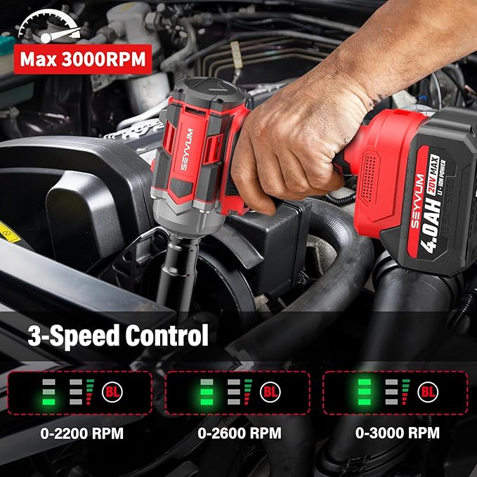 SEYVUM Cordless Impact Wrench, 1/2” Max Torque 440 Ft-lbs / 600 N.m Power Impact Gun, 20V 3000RPM Electric Impact Driver, 2 x 4.0Ah Battery, 5 Impact Sockets, 8 Dirlls & 6 Screws, Carry Bag Included