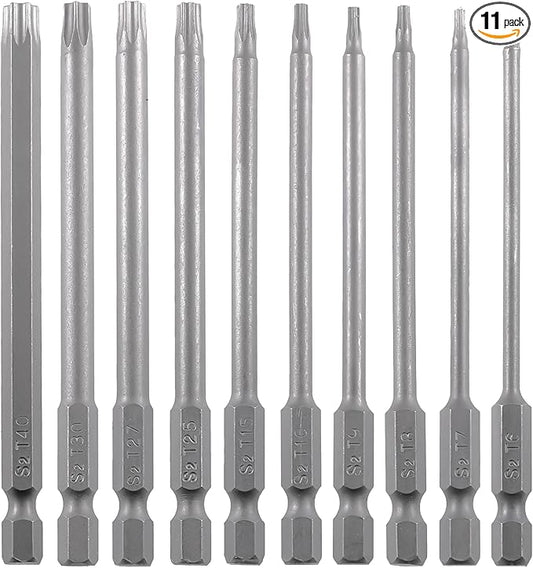 Security Torx Screwdriver Bit Set 11PCS 1/4 Inch Hex Shank 4 Inch/100 mm Length S2 Steel Tamper Proof Star 6 Point with Magnetic for Power Screwdriver Drill Impact Driver