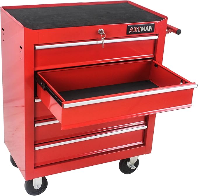 Rolling Tool Chest Metal Tool Box with Wheels Tool Cabinet Craftsman Tool Cart on Wheels Tool Box Portable Tool Box with Wheels 5 Drawers Multifunctional Tool Cart with Wheels, Red