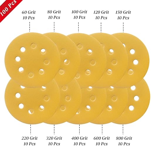 100 Pcs 5 Inch 8 Hole Sanding Discs, Bellairis Round Hook and Loop Sandpaper for Random Orbital Sander, 60/80/100/120/150/220/320/400/600/800 Mix Grit Sand Paper for Woodworking and Automotive