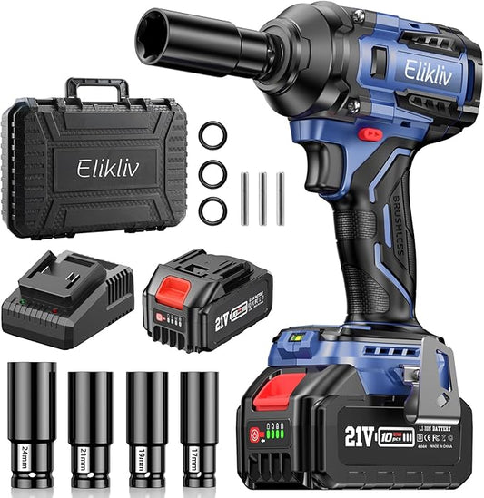 Elikliv Cordless Impact Wrench 1/2 inch, 500Ft-lbs Max Torque(650N.m), 21V 3000 RPM Power Impact Gun with 4 Sockets, 4000mAh Battery with Fast Charger, Electric Impact Driver for Car Truck Tires Home