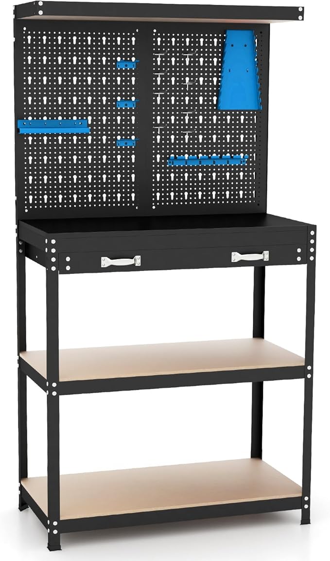 IRONMAX Workbench with Drawers, 32’’ Heavy Duty Workstation Organizer with 14 PCS Hanging Kits, 2 Storage Shelves & Long Drawer, Work Bench Table for Garage, Home, Workshop, Auto Shop, Basement