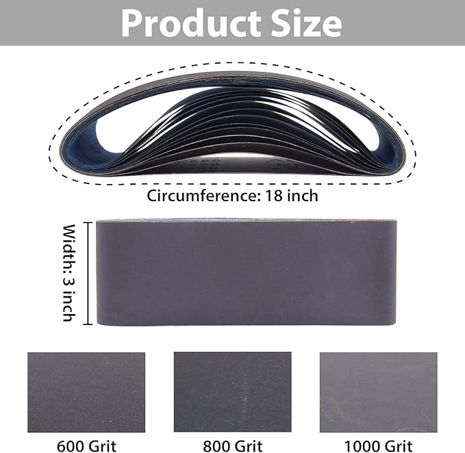 3 Inch x 18 Inch Sanding Belts, 3 x 18 Silicon Carbide Sanding Belt, 5 Pcs Each of 600, 800, 1000 Grits Knife Sharpening Sanding Belt for Belt Sander, 15 Pack