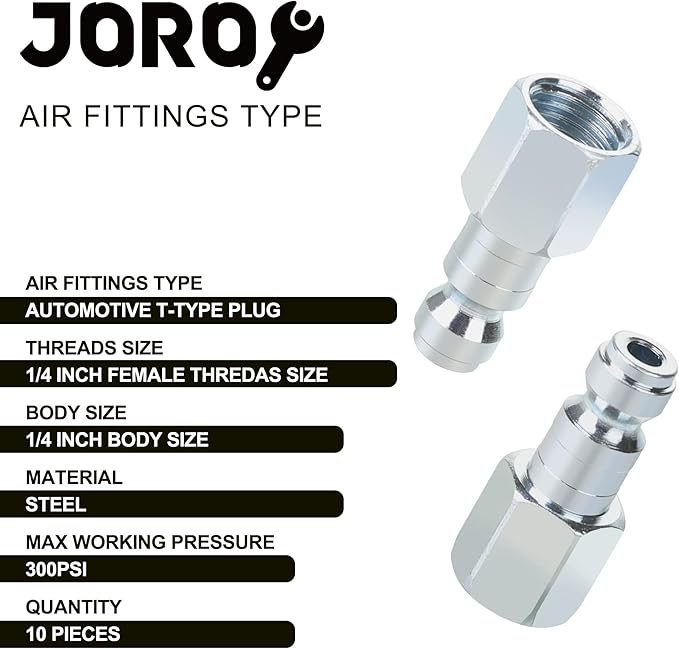 Air Compressor Accessories Fittings, Automotive T-type, 1/4 Inch Body Size, 1/4 Inch Female Threads Size, Steel Material, 300PSI Max Working Pressure, 10 Pieces Air Hose Plug Set