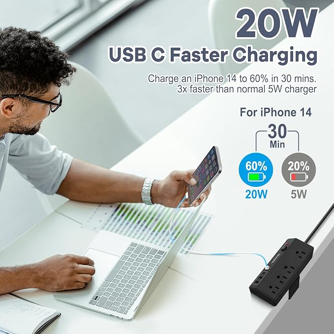 Desk Clamp Power Strip - 20W USB C Fast Charging Station - Desk Power Strip Flat Plug Extension Cord 10FT with 4 USB Ports + 4 Outlets - Desktop Mount Surge Protector - Fit 1.8" Tabletop Edge