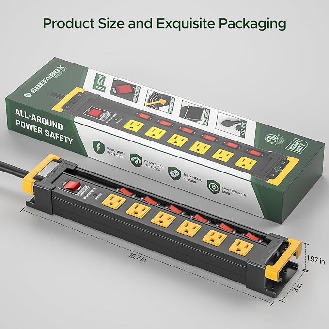 6 Outlet Heavy Duty Power Strip with Individual Switches, 3300J Surge Protector Metal Mountable Power Strip, 6FT Cord Management, Wide-Spaced, ETL Listed (15A/1875W)