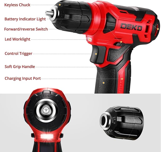 DEKOPRO 8V Cordless Drill, Drill Set with 3/8"Keyless Chuck, 42pcs Acessories, Built-in LED, Type-C Charge Cable, Red Power Drill for Drilling and Tightening/Loosening Screws