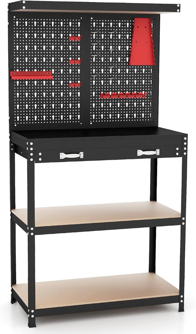 IRONMAX Workbench with Drawers, 32’’ Heavy Duty Workstation Organizer with 14 PCS Hanging Kits, 2 Storage Shelves & Long Drawer, Work Bench Table for Garage, Home, Workshop, Auto Shop, Basement