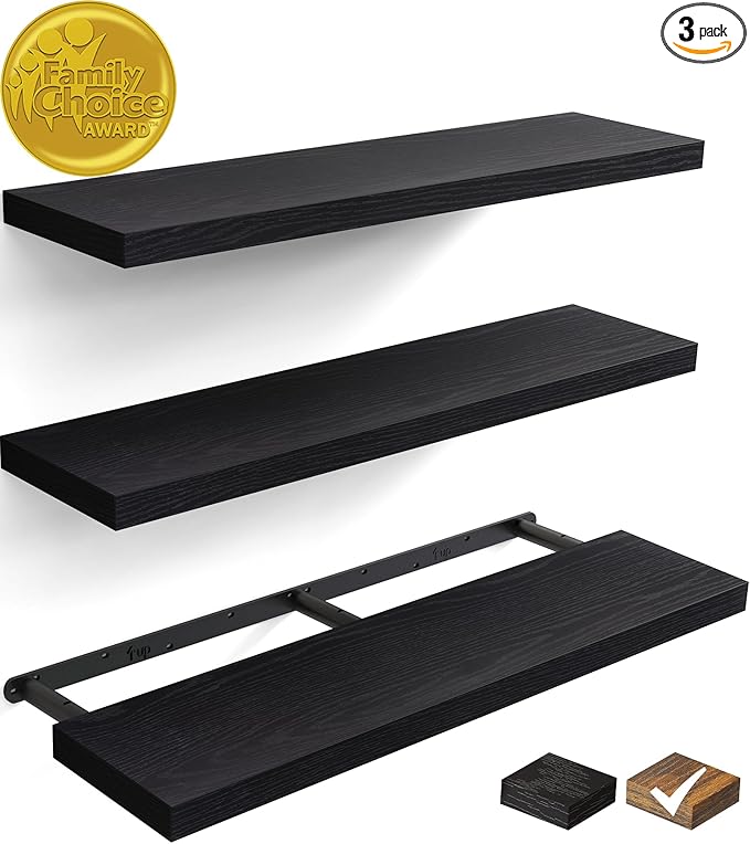 BAYKA Floating Shelves for Wall, 36 inches Wall Mounted Rustic Wood Shelves for Bathroom, Bedroom, Living Room, for Books/Storage/Decor with 22lbs Capacity（Black,Set of 3
