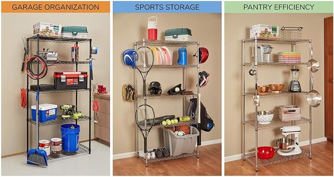 Sunway Shelf Pole Hooks 5-Pack | Black Variety Pack | Best Solution for Garage Shelving Storage Organization | Use with Metal or Wire Shelves and Racks | Heavy Duty, Easy Installation