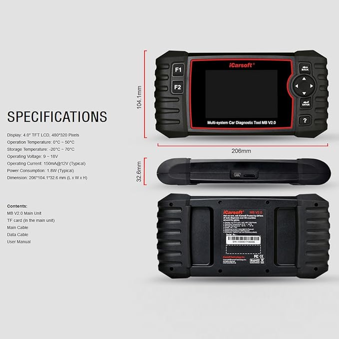 Diagnostic Scanner iCarsoft MB V2.0 Compatible for Mercedes-Benz/Sprinter/Smart, ABS SRS Oil BLD INJ
