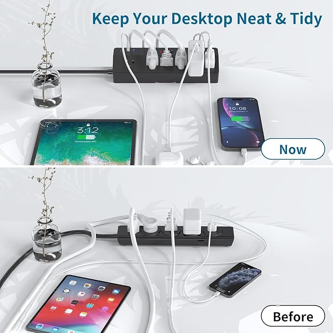 40W Fast Charging Desk Clamp Power Strip 2 PD USB C Desk Charging Station,10FT Desk Extension Cord Flat Plug with 6 AC/6 USB,Fararaka Removable Desk Surge Protector Power Strip Fits 1.8" Tabletop Edge