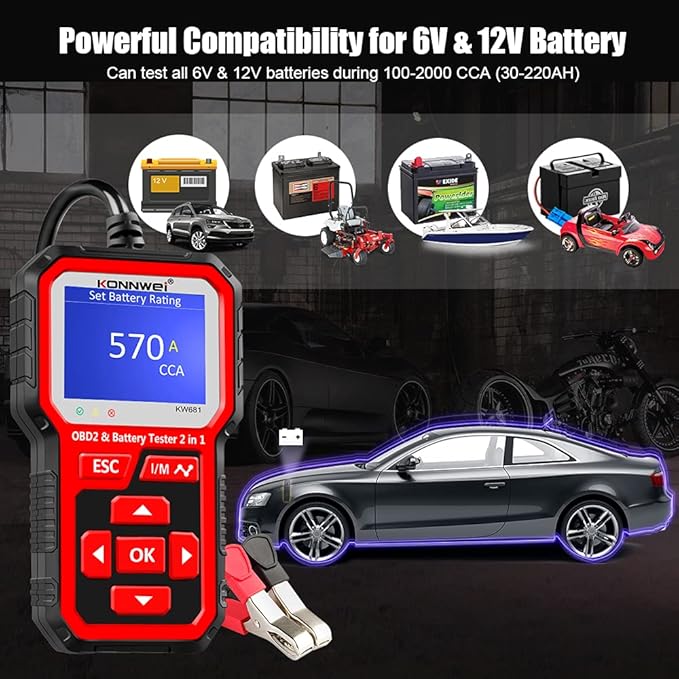 KONNWEI KW681 OBD2 Scanner 6V 12V Car Battery Tester, 2 in 1 Car Diagnostic Scanner Automotive Battery Alternator Load Tester Check Engine Code Reader Scan Tool