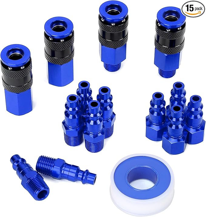 15 Pieces 1/4" NPT Aluminum Air Coupler and Plug Kit, Quick Connect Air Fittings, Industrial Quick Connector Set (Blue)