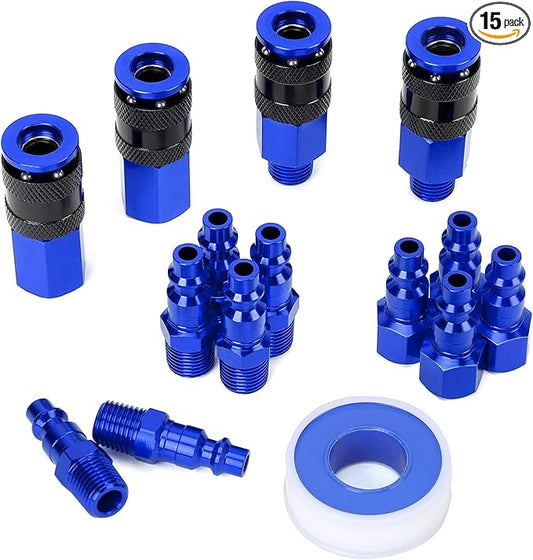 15 Pieces 1/4" NPT Aluminum Air Coupler and Plug Kit, Quick Connect Air Fittings, Industrial Quick Connector Set (Blue)