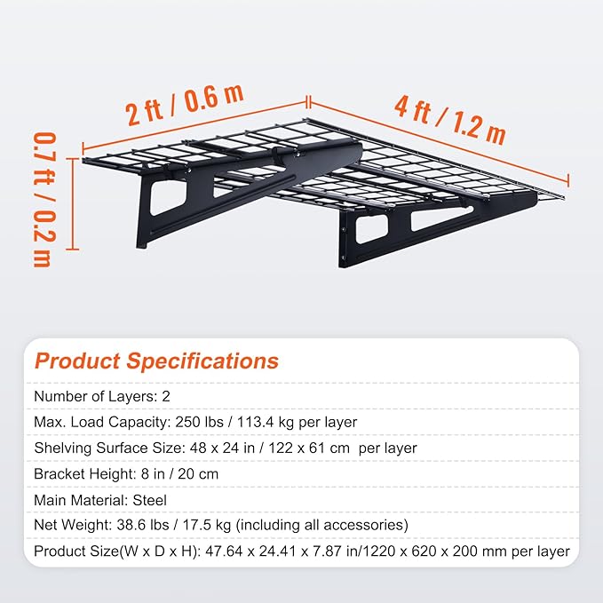 VEVOR 2 x 4 ft Garage Shelving Wall Mounted, 2 Pack Heavy Duty Garage Wall Shelves 500lbs Capacity, Garage Storage Rack Floating Shelves for Shop, Shed, Garage Storage