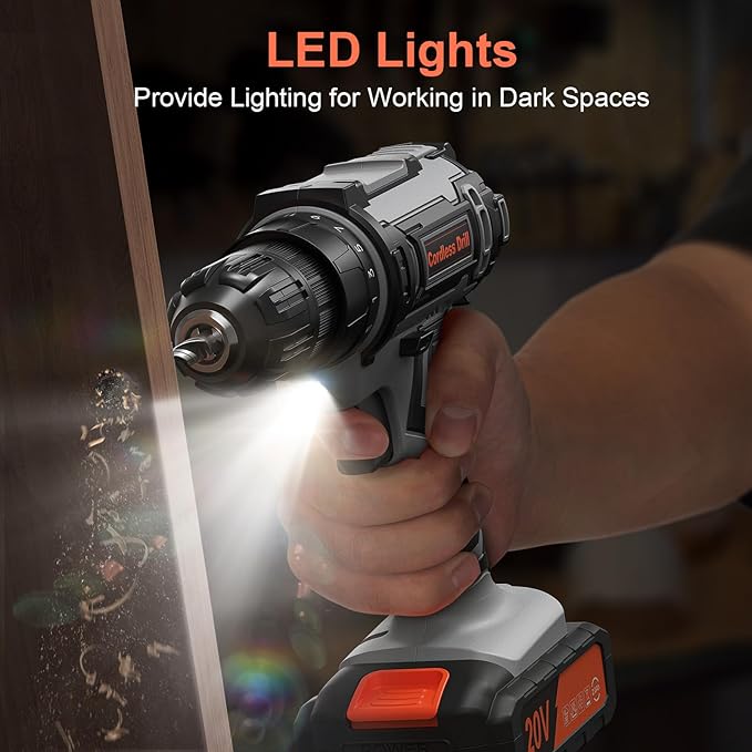 Cordless Drill, 20V Power Drill, Double 2000mAh Batteries Electric Drill, Cordless Drill with Battery and Charger, 3/8" Keyless Chuck Battery Drill with 25+1 Max 370 In-lb Torque, 42Pcs Drill Bits